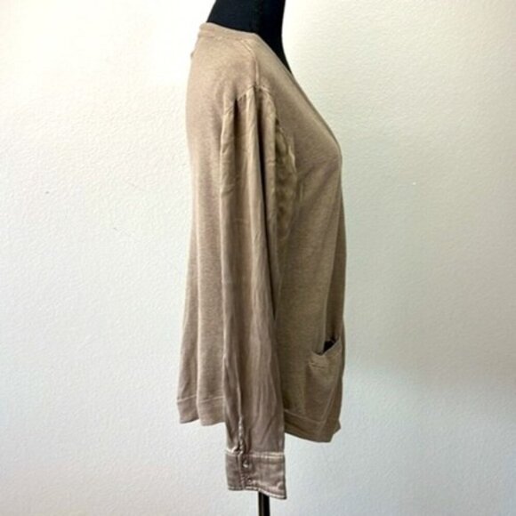 Brochu Walker Cardigan Satin Sleeves Knit Sweater V-Neck Button Front Taupe L - Picture 7 of 11